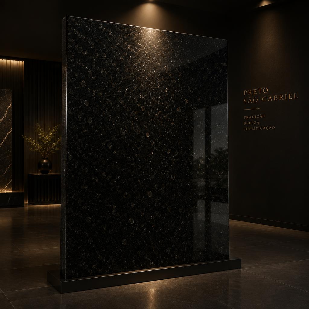 Chapa de granito Preto São Gabriel polido em exposição no showroom, sob luz baixa